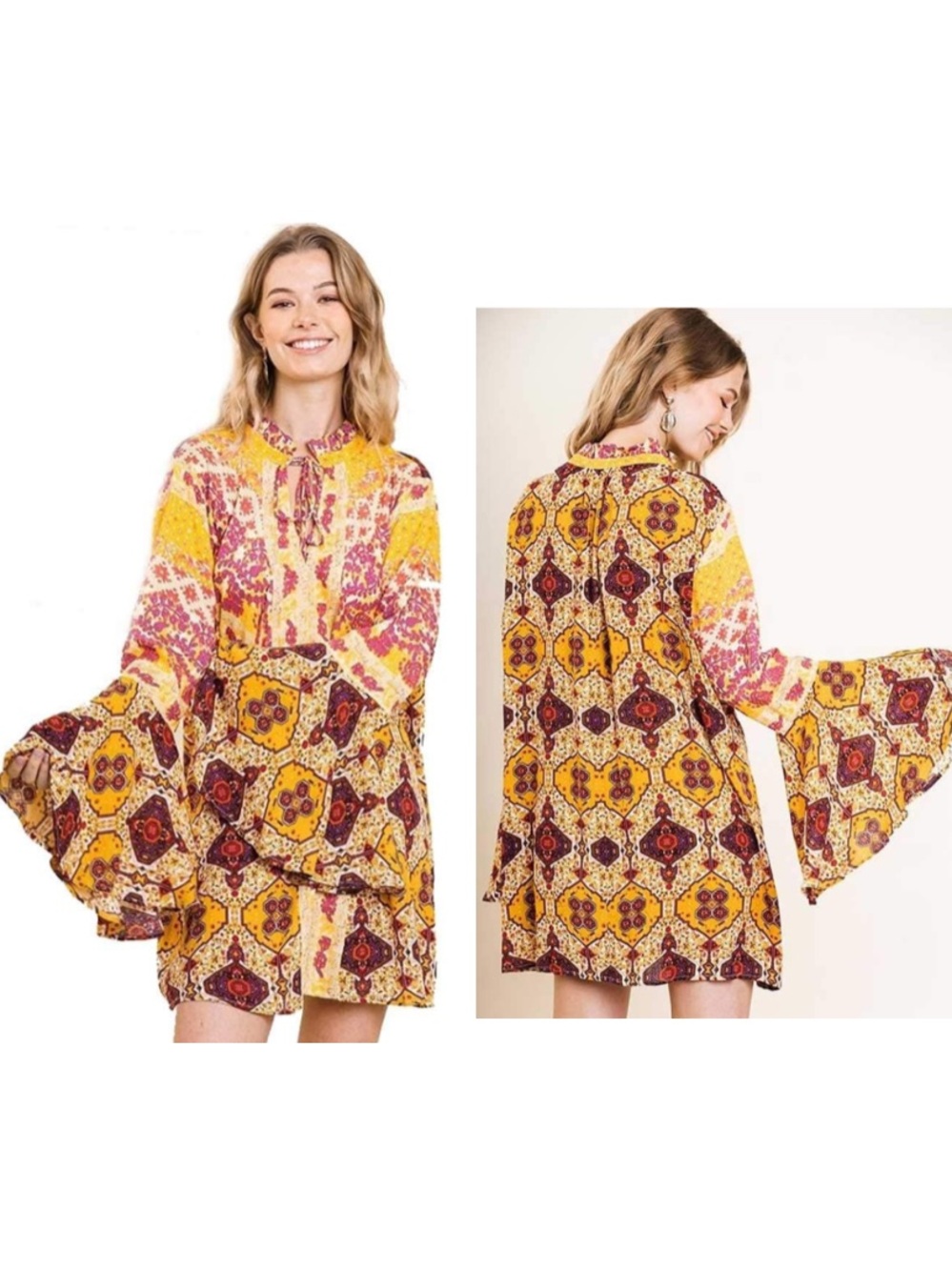 Umgee Boho Paisley Bell Sleeve Tunic Mini Dress Yellow Festival Prairie Peasant
